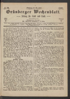 Gr&uuml;nberger Wochenblatt: Zeitung f&uuml;r Stadt und Land, No. 46. (10. Juni 1866)