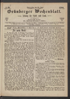 Gr&uuml;nberger Wochenblatt: Zeitung f&uuml;r Stadt und Land, No. 48. [właśc. 49] (21. Juni 1866)
