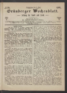 Gr&uuml;nberger Wochenblatt: Zeitung f&uuml;r Stadt und Land, No. 53. (5. Juli 1866)