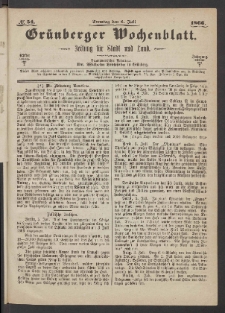 Gr&uuml;nberger Wochenblatt: Zeitung f&uuml;r Stadt und Land, No. 54. (8. Juli 1866)