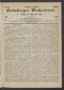 Gr&uuml;nberger Wochenblatt: Zeitung f&uuml;r Stadt und Land, No. 55. (12. Juli 1866)