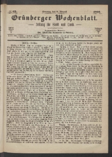 Gr&uuml;nberger Wochenblatt: Zeitung f&uuml;r Stadt und Land, No. 62. (5. August 1866)