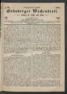 Gr&uuml;nberger Wochenblatt: Zeitung f&uuml;r Stadt und Land, No. 63. (9. August 1866)