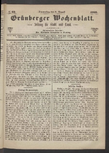 Grünberger Wochenblatt: Zeitung für Stadt und Land, No. 63. (9. August 1866)