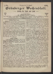 Gr&uuml;nberger Wochenblatt: Zeitung f&uuml;r Stadt und Land, No. 64. (12. August 1866)