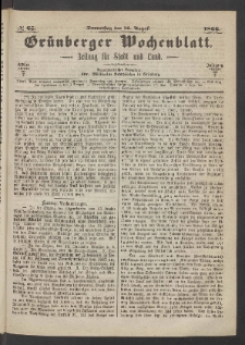 Gr&uuml;nberger Wochenblatt: Zeitung f&uuml;r Stadt und Land, No. 65. (16. August 1866)