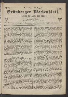 Grünberger Wochenblatt: Zeitung für Stadt und Land, No. 65. (16. August 1866)