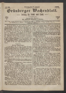 Gr&uuml;nberger Wochenblatt: Zeitung f&uuml;r Stadt und Land, No. 66. (19. August 1866)