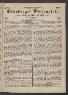 Gr&uuml;nberger Wochenblatt: Zeitung f&uuml;r Stadt und Land, No. 67. (23. August 1866)
