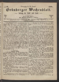 Grünberger Wochenblatt: Zeitung für Stadt und Land, No. 67. (23. August 1866)