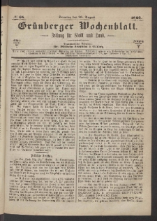 Gr&uuml;nberger Wochenblatt: Zeitung f&uuml;r Stadt und Land, No. 68. (26. August 1866)