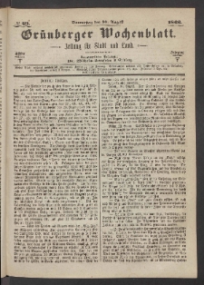 Gr&uuml;nberger Wochenblatt: Zeitung f&uuml;r Stadt und Land, No. 69. (30. August 1866)