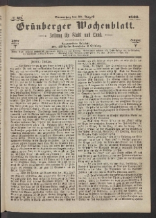 Grünberger Wochenblatt: Zeitung für Stadt und Land, No. 69. (30. August 1866)