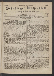 Gr&uuml;nberger Wochenblatt: Zeitung f&uuml;r Stadt und Land, No. 70. (2. September 1866)