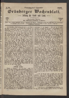 Gr&uuml;nberger Wochenblatt: Zeitung f&uuml;r Stadt und Land, No. 71. (6. September 1866)