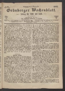 Gr&uuml;nberger Wochenblatt: Zeitung f&uuml;r Stadt und Land, No. 72. (9. September 1866)