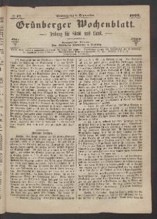Grünberger Wochenblatt: Zeitung für Stadt und Land, No. 72. (9. September 1866)