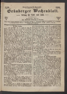 Gr&uuml;nberger Wochenblatt: Zeitung f&uuml;r Stadt und Land, No. 73. (13. September 1866)