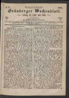 Gr&uuml;nberger Wochenblatt: Zeitung f&uuml;r Stadt und Land, No. 74. (16. September 1866)