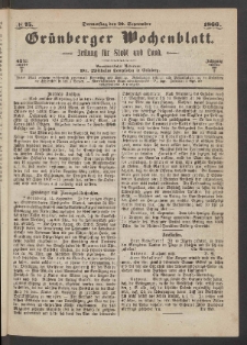 Gr&uuml;nberger Wochenblatt: Zeitung f&uuml;r Stadt und Land, No. 75. (20. September 1866)