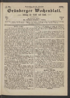Gr&uuml;nberger Wochenblatt: Zeitung f&uuml;r Stadt und Land, No. 82. (11. October 1866)