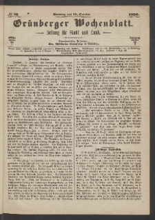 Gr&uuml;nberger Wochenblatt: Zeitung f&uuml;r Stadt und Land, No. 87. (28. October 1866)