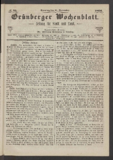 Grünberger Wochenblatt: Zeitung für Stadt und Land, No. 91. (11. November 1866)