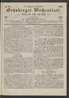 Gr&uuml;nberger Wochenblatt: Zeitung f&uuml;r Stadt und Land, No. 92. (15. November 1866)