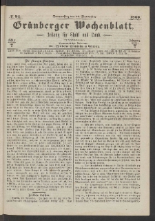 Gr&uuml;nberger Wochenblatt: Zeitung f&uuml;r Stadt und Land, No. 94. (22. November 1866)