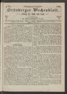 Gr&uuml;nberger Wochenblatt: Zeitung f&uuml;r Stadt und Land, No. 96. (29. November 1866)