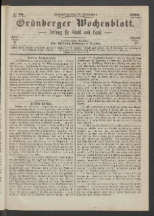 Grünberger Wochenblatt: Zeitung für Stadt und Land, No. 96. (29. November 1866)