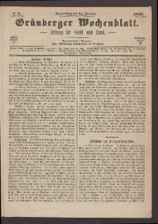 Gr&uuml;nberger Wochenblatt: Zeitung f&uuml;r Stadt und Land, No. 3. (10. Januar 1867)