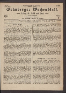 Grünberger Wochenblatt: Zeitung für Stadt und Land, No. 3. (10. Januar 1867)