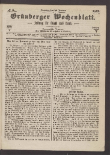 Gr&uuml;nberger Wochenblatt: Zeitung f&uuml;r Stadt und Land, No. 4. (13. Januar 1867)