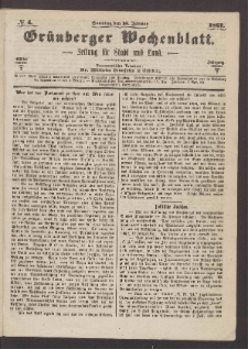 Grünberger Wochenblatt: Zeitung für Stadt und Land, No. 4. (13. Januar 1867)