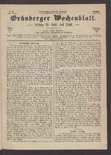 Gr&uuml;nberger Wochenblatt: Zeitung f&uuml;r Stadt und Land, No. 5. (17. Januar 1867)