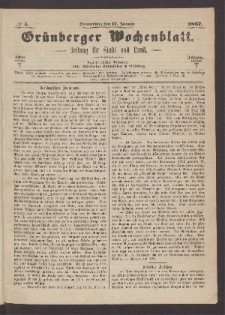 Grünberger Wochenblatt: Zeitung für Stadt und Land, No. 5. (17. Januar 1867)