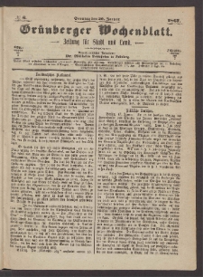 Gr&uuml;nberger Wochenblatt: Zeitung f&uuml;r Stadt und Land, No. 6. (20. Januar 1867)