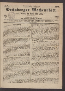 Grünberger Wochenblatt: Zeitung für Stadt und Land, No. 7. (24. Januar 1867)