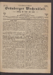 Gr&uuml;nberger Wochenblatt: Zeitung f&uuml;r Stadt und Land, No. 11. (7. Februar 1867)