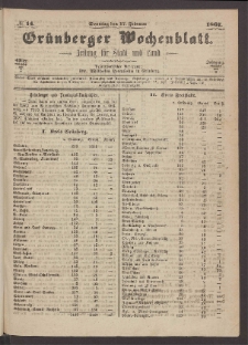 Gr&uuml;nberger Wochenblatt: Zeitung f&uuml;r Stadt und Land, No. 14. (17. Februar 1867)