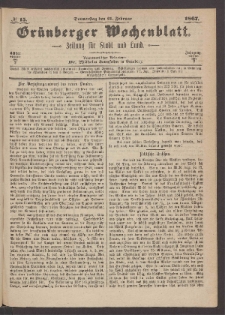 Gr&uuml;nberger Wochenblatt: Zeitung f&uuml;r Stadt und Land, No. 15. (21. Februar 1867)