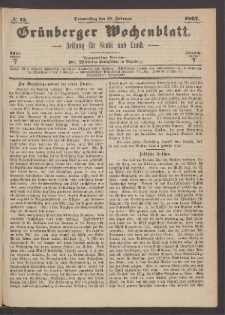 Grünberger Wochenblatt: Zeitung für Stadt und Land, No. 15. (21. Februar 1867)