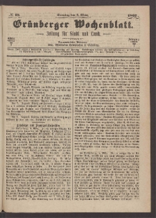 Gr&uuml;nberger Wochenblatt: Zeitung f&uuml;r Stadt und Land, No. 18. (3. M&auml;rz 1867)