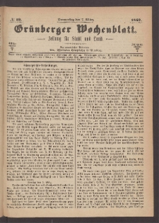 Gr&uuml;nberger Wochenblatt: Zeitung f&uuml;r Stadt und Land, No. 19. (7. M&auml;rz 1867)
