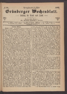 Gr&uuml;nberger Wochenblatt: Zeitung f&uuml;r Stadt und Land, No. 21. (14. M&auml;rz 1867)