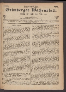 Gr&uuml;nberger Wochenblatt: Zeitung f&uuml;r Stadt und Land, No. 22. (17. M&auml;rz 1867)