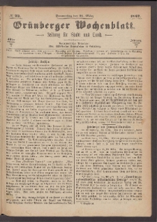 Gr&uuml;nberger Wochenblatt: Zeitung f&uuml;r Stadt und Land, No. 23. (21. M&auml;rz 1867)