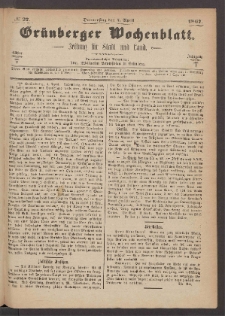 Gr&uuml;nberger Wochenblatt: Zeitung f&uuml;r Stadt und Land, No. 27. (4. April 1867)