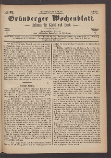 Gr&uuml;nberger Wochenblatt: Zeitung f&uuml;r Stadt und Land, No. 28. (7. April 1867)